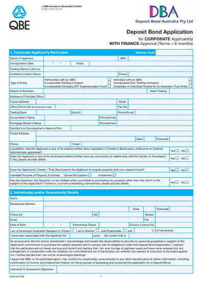 Deposit Bond Application Form for Commercials up to 6 months
