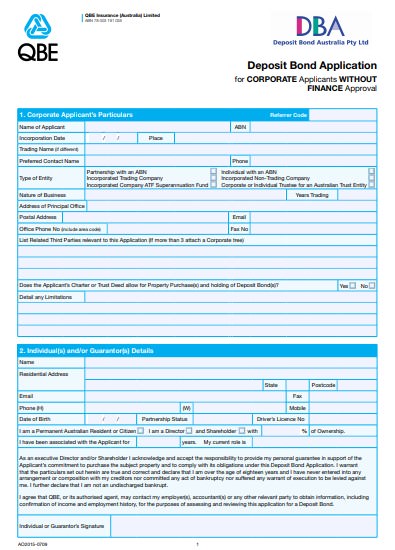 Deposit Bond Application Form for Commercials Without Finance Approval