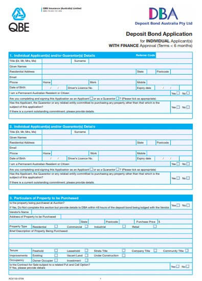 Deposit Bond Application Form for Individuals up to 6 months